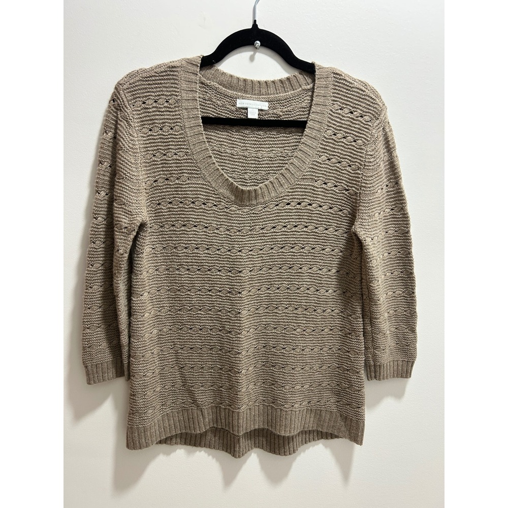 New York & Company Womens Taupe Brown V-Neck Pointelle‎ Cable Knit Sweater Small